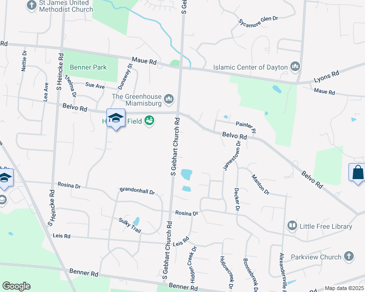 map of restaurants, bars, coffee shops, grocery stores, and more near 662 South Gebhart Church Road in Miamisburg