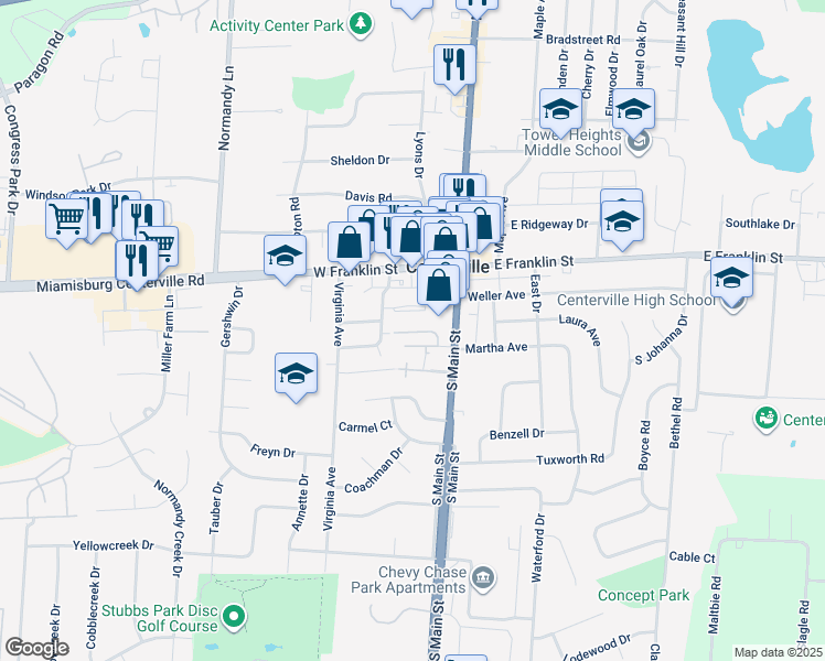 map of restaurants, bars, coffee shops, grocery stores, and more near 60 Country Manor Lane in Centerville