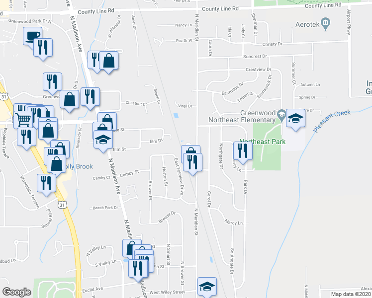 map of restaurants, bars, coffee shops, grocery stores, and more near 55 Keran Manor Court in Greenwood