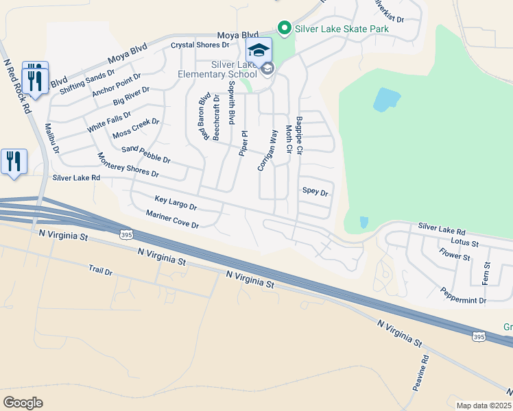 map of restaurants, bars, coffee shops, grocery stores, and more near 8419 Corrigan Way in Reno