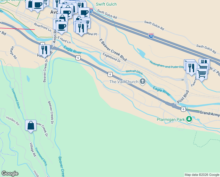 map of restaurants, bars, coffee shops, grocery stores, and more near 1553 Deer Boulevard in Avon