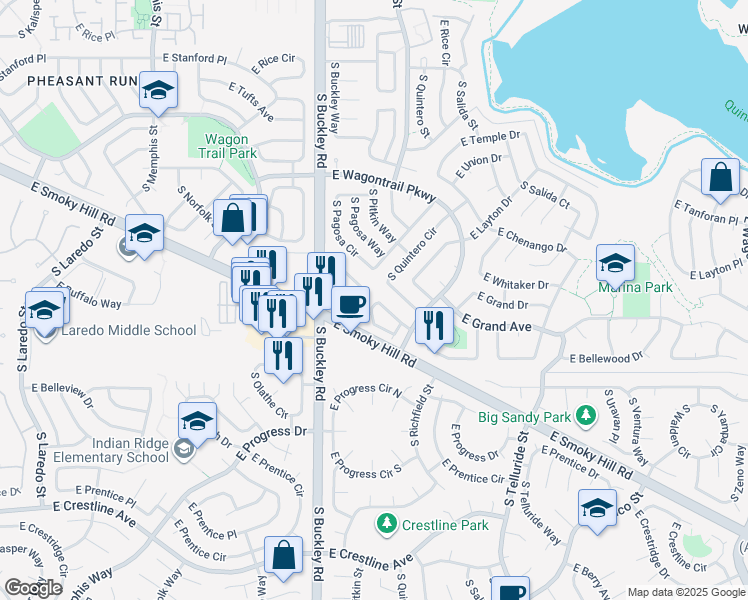 map of restaurants, bars, coffee shops, grocery stores, and more near 4894 South Quintero Circle in Aurora