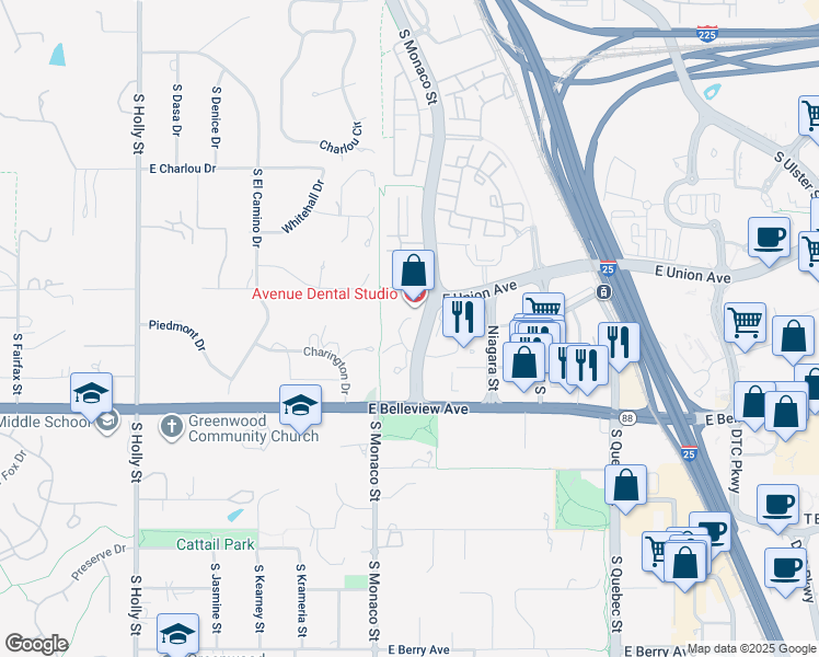 map of restaurants, bars, coffee shops, grocery stores, and more near 4725 South Monaco Street in Denver