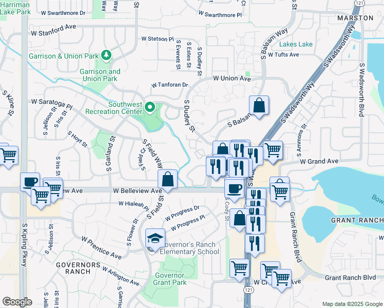 map of restaurants, bars, coffee shops, grocery stores, and more near 4900 South Field Court in Denver