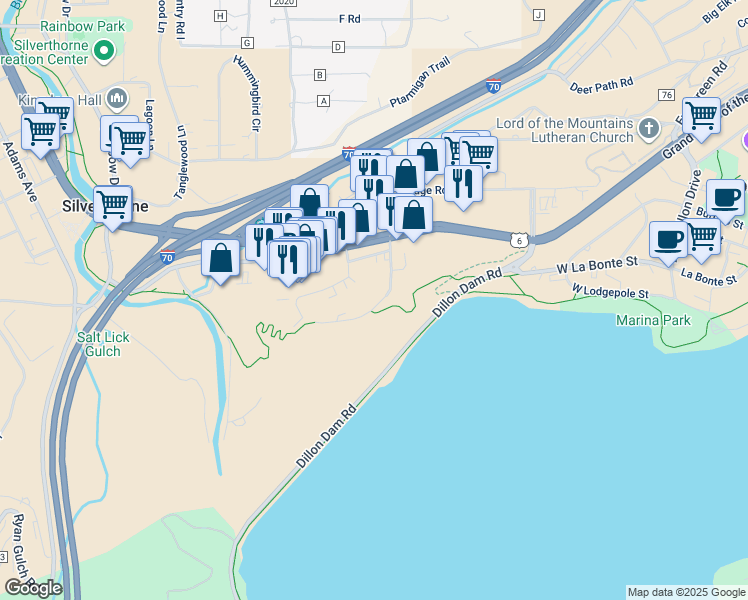 map of restaurants, bars, coffee shops, grocery stores, and more near 956 West Anemone Trail in Dillon