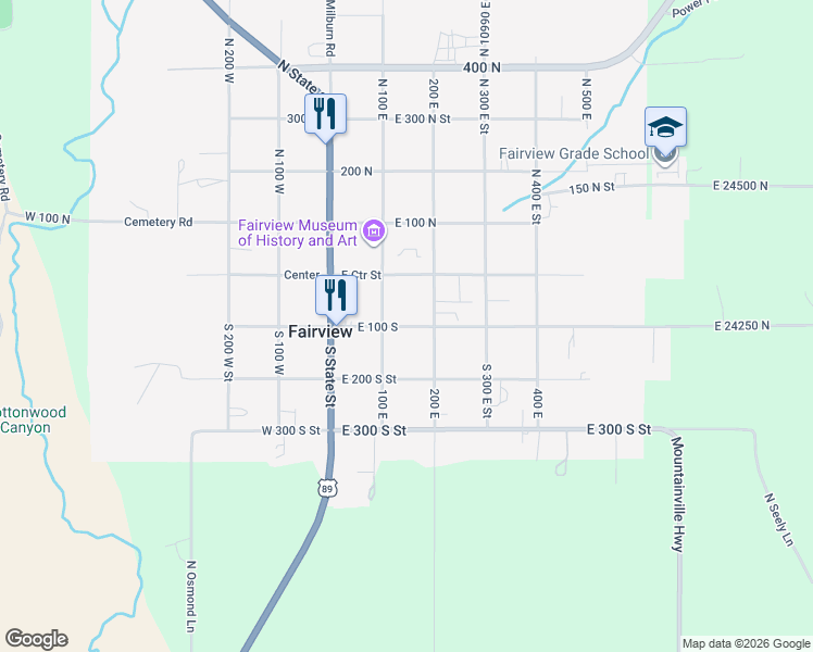 map of restaurants, bars, coffee shops, grocery stores, and more near 145 East 100 South in Fairview