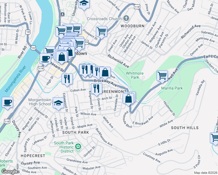 map of restaurants, bars, coffee shops, grocery stores, and more near 509 Clark Street in Morgantown