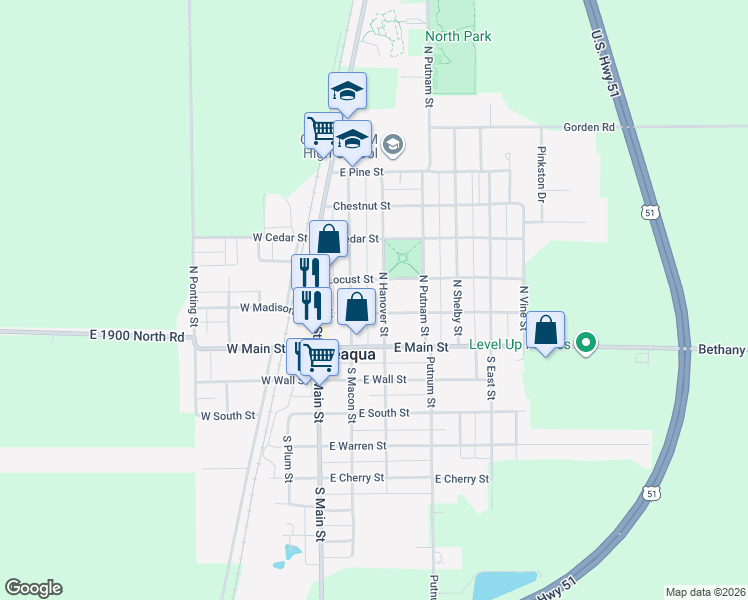 map of restaurants, bars, coffee shops, grocery stores, and more near 250-298 Locust Street in Moweaqua