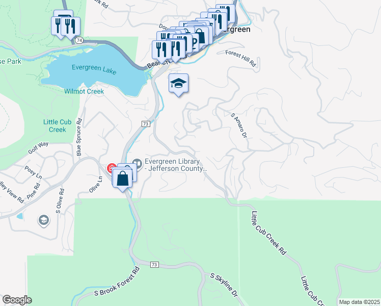 map of restaurants, bars, coffee shops, grocery stores, and more near 4936 Little Cub Creek Road in Evergreen