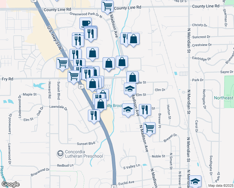 map of restaurants, bars, coffee shops, grocery stores, and more near 841 Riverside Drive in Greenwood