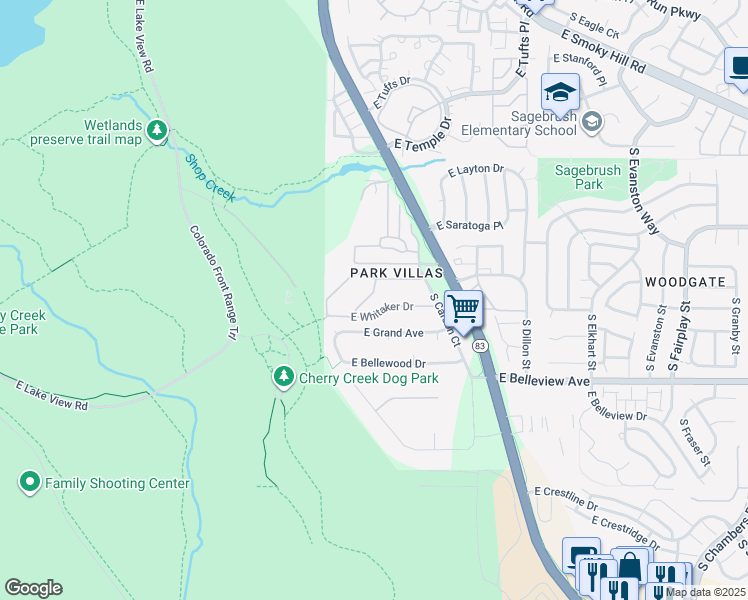 map of restaurants, bars, coffee shops, grocery stores, and more near 13990 East Chenango Drive in Aurora