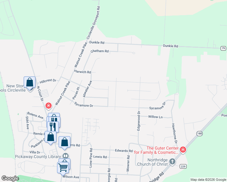map of restaurants, bars, coffee shops, grocery stores, and more near 1520 Shagbark Street in Circleville