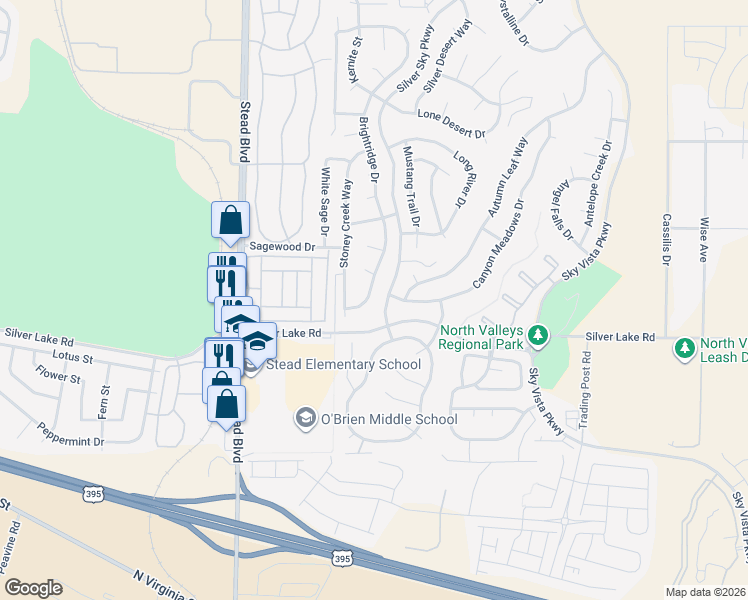 map of restaurants, bars, coffee shops, grocery stores, and more near 9195 Brightridge Drive in Reno