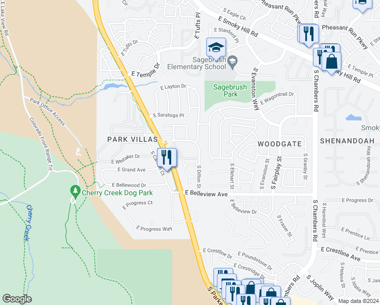 map of restaurants, bars, coffee shops, grocery stores, and more near 14256 East Whitaker Place in Aurora