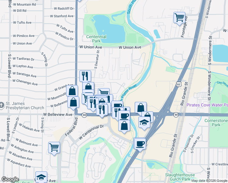 map of restaurants, bars, coffee shops, grocery stores, and more near 4977 South Prince Court in Littleton