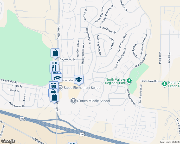 map of restaurants, bars, coffee shops, grocery stores, and more near 9195 Brightridge Drive in Reno