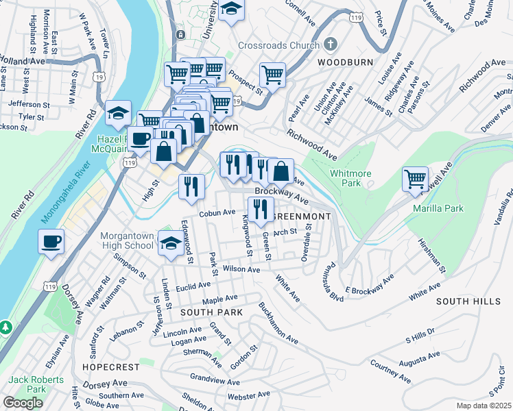 map of restaurants, bars, coffee shops, grocery stores, and more near 427 Clark Street in Morgantown