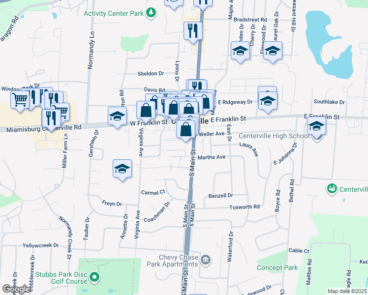 map of restaurants, bars, coffee shops, grocery stores, and more near 60 Country Manor Lane in Centerville
