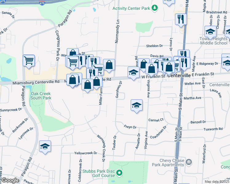 map of restaurants, bars, coffee shops, grocery stores, and more near 31 Gershwin Drive in Dayton