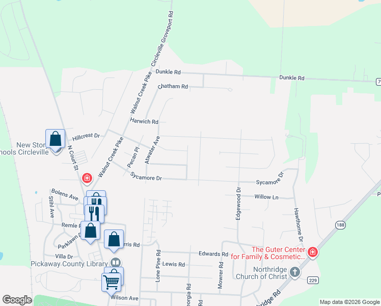 map of restaurants, bars, coffee shops, grocery stores, and more near 1520 Shagbark Street in Circleville