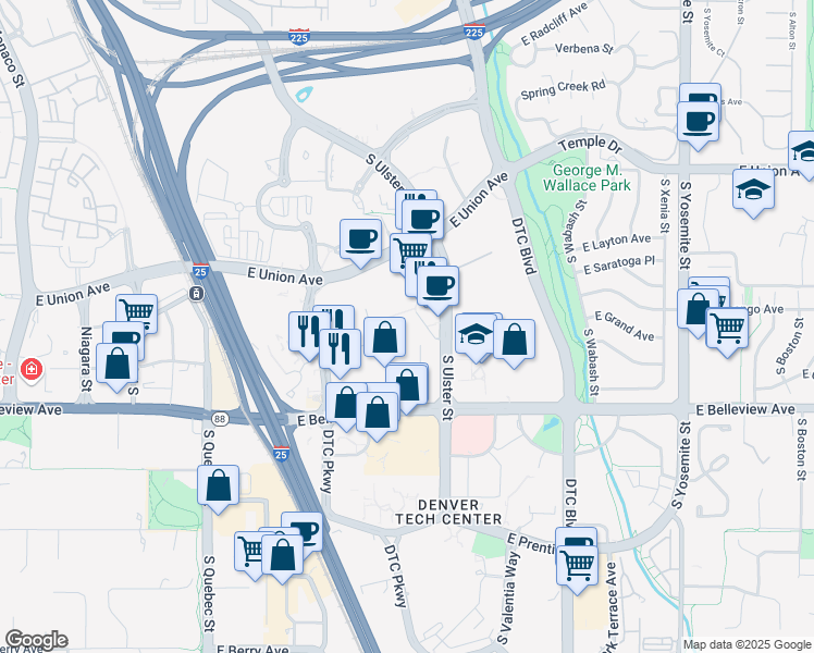 map of restaurants, bars, coffee shops, grocery stores, and more near 5001 South Ulster Street in Denver
