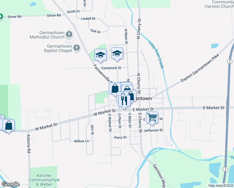 map of restaurants, bars, coffee shops, grocery stores, and more near 135 North Plum Street in Germantown