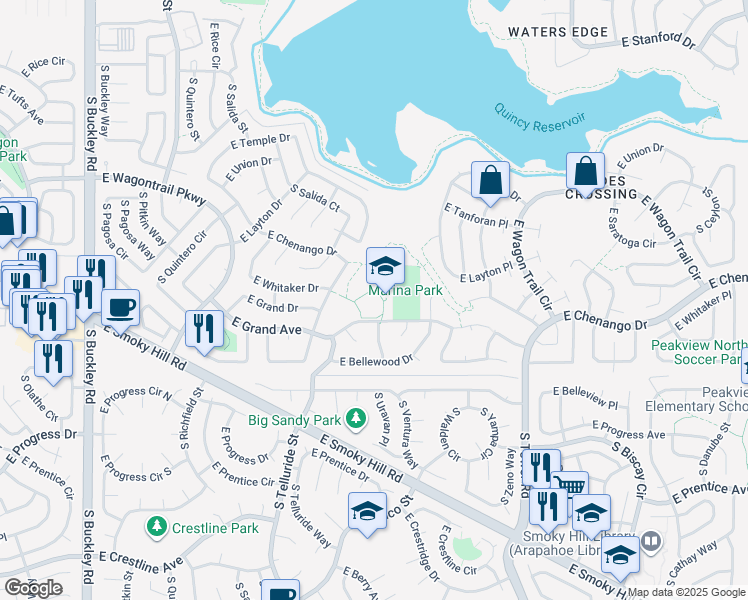 map of restaurants, bars, coffee shops, grocery stores, and more near 17901 East Grand Avenue in Aurora