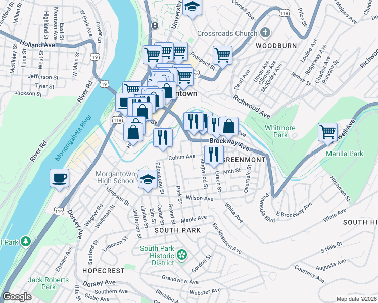 map of restaurants, bars, coffee shops, grocery stores, and more near 120 South Walnut Street in Morgantown