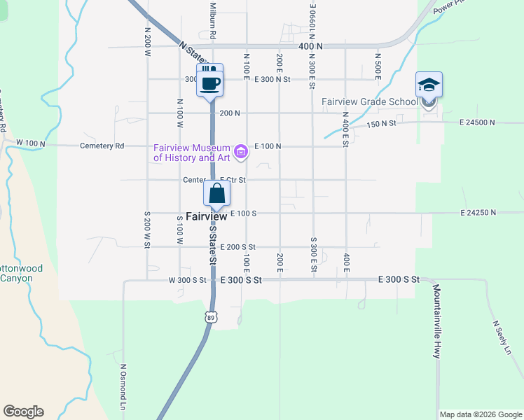 map of restaurants, bars, coffee shops, grocery stores, and more near 145 East 100 South in Fairview
