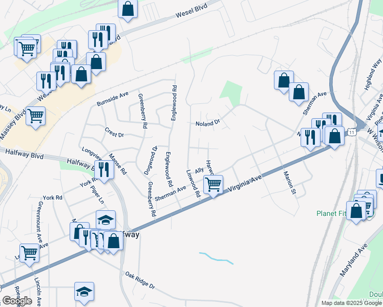 map of restaurants, bars, coffee shops, grocery stores, and more near 952 Linwood Road in Hagerstown