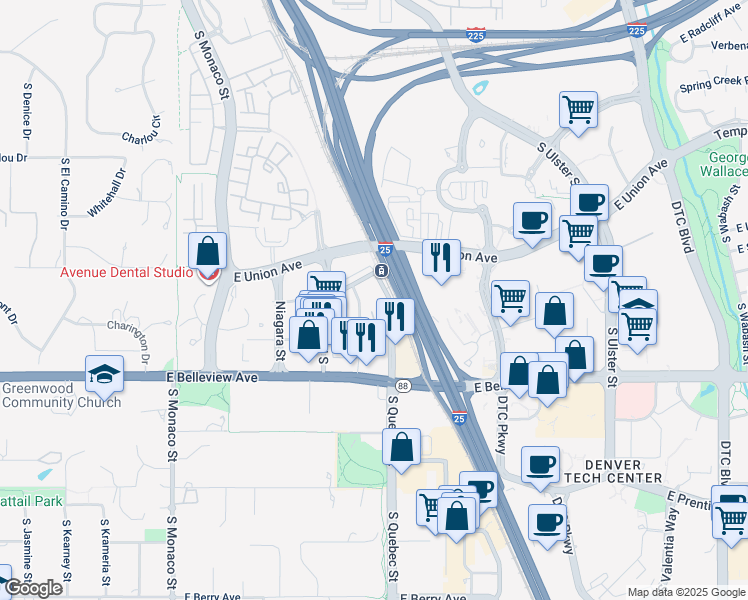 map of restaurants, bars, coffee shops, grocery stores, and more near 4810 South Newport Street in Denver