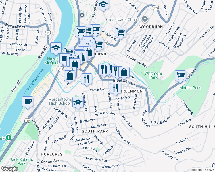 map of restaurants, bars, coffee shops, grocery stores, and more near 113 South Walnut Street in Morgantown