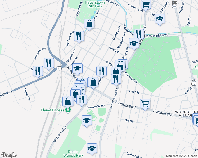 map of restaurants, bars, coffee shops, grocery stores, and more near 913 Maryland Avenue in Hagerstown