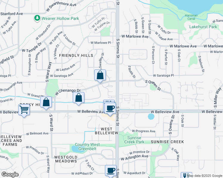 map of restaurants, bars, coffee shops, grocery stores, and more near 11716 West Chenango Drive in Morrison