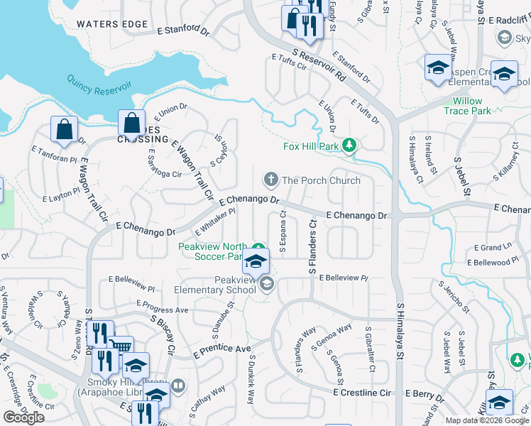 map of restaurants, bars, coffee shops, grocery stores, and more near 4921 South Ensenada Way in Centennial