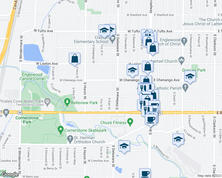 map of restaurants, bars, coffee shops, grocery stores, and more near 4950 South Elati Street in Englewood