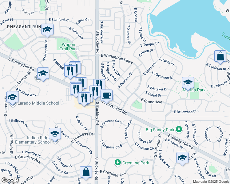 map of restaurants, bars, coffee shops, grocery stores, and more near 4894 South Quintero Circle in Aurora