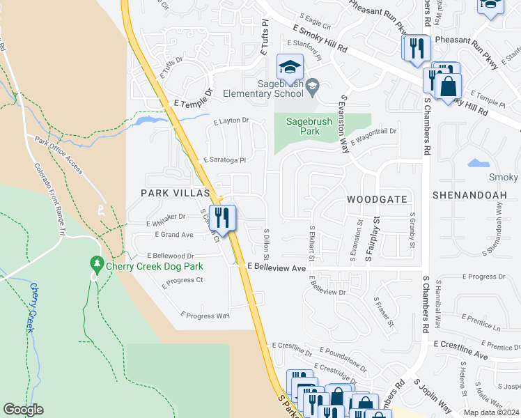 map of restaurants, bars, coffee shops, grocery stores, and more near 4956 South Dillon Street in Aurora