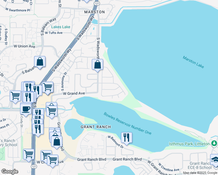map of restaurants, bars, coffee shops, grocery stores, and more near 7470 West Layton Way in Littleton