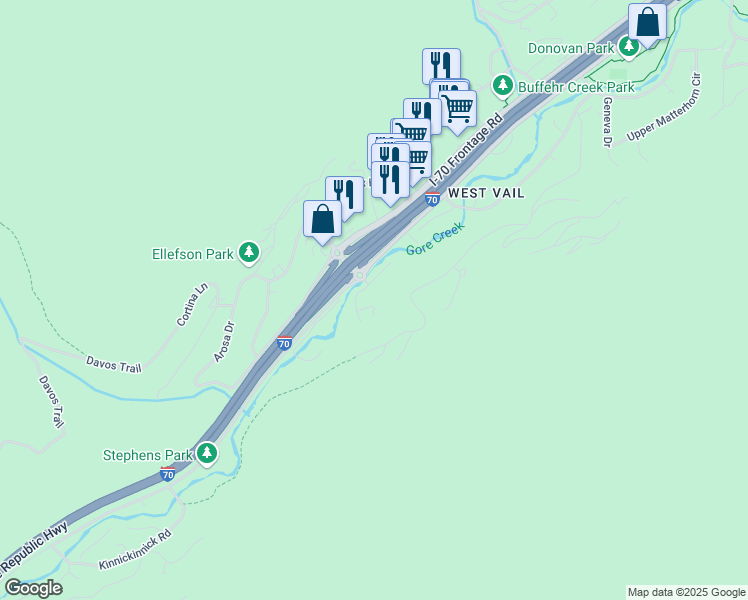 map of restaurants, bars, coffee shops, grocery stores, and more near 2109 Vermont Road in Vail