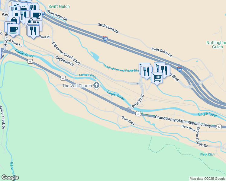map of restaurants, bars, coffee shops, grocery stores, and more near 4570 Eaglebend Drive in Avon