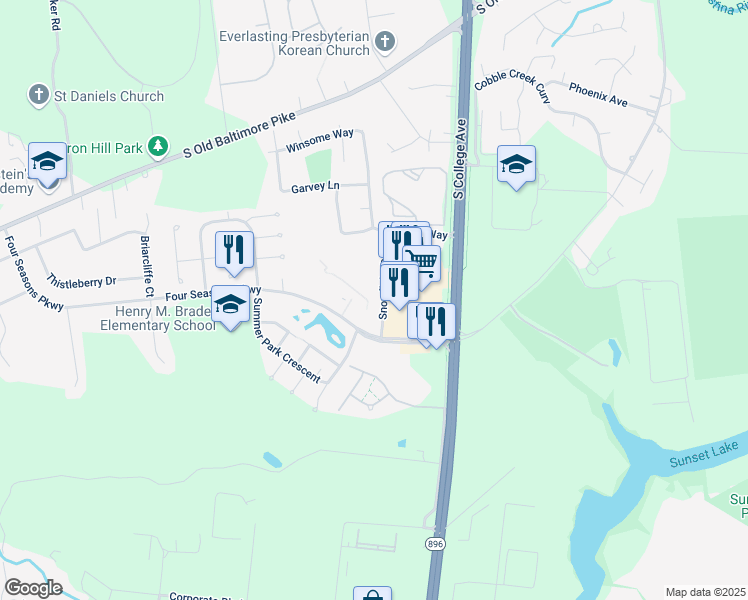 map of restaurants, bars, coffee shops, grocery stores, and more near 40 Winterhaven Drive in Newark