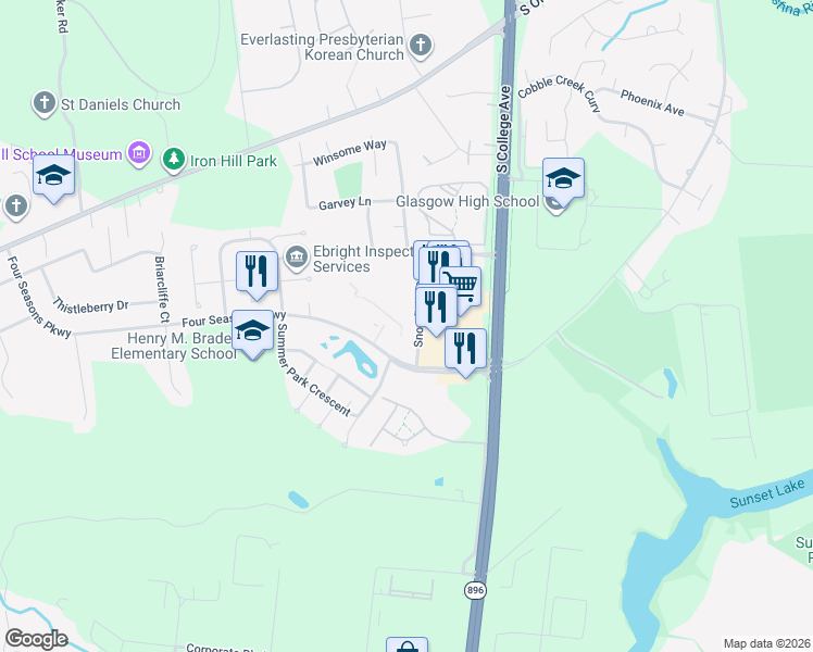 map of restaurants, bars, coffee shops, grocery stores, and more near 41 Winterhaven Drive in Newark