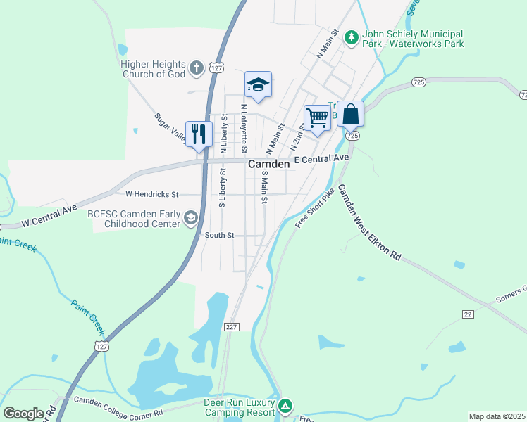 map of restaurants, bars, coffee shops, grocery stores, and more near 118 South Lafayette Street in Camden