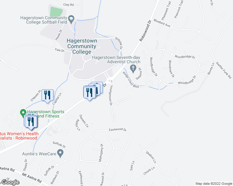 map of restaurants, bars, coffee shops, grocery stores, and more near 11325 Youngstoun Drive in Hagerstown