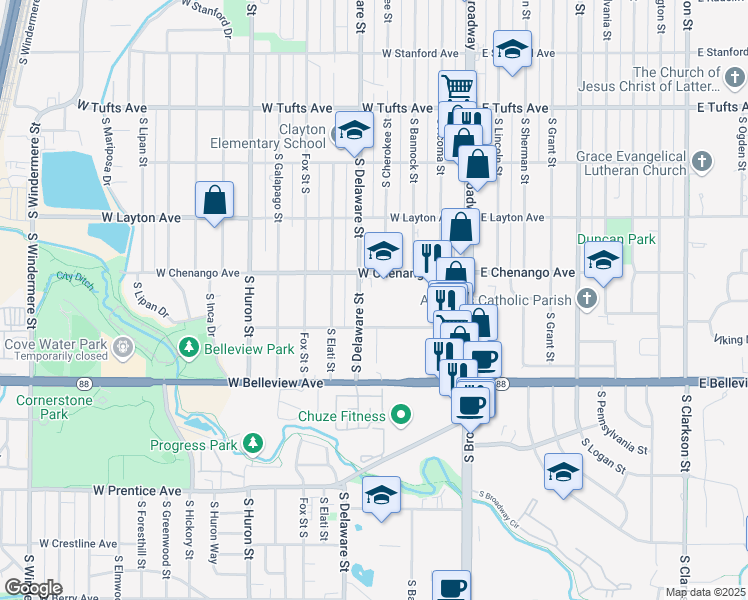 map of restaurants, bars, coffee shops, grocery stores, and more near 300 West Chenango Avenue in Englewood