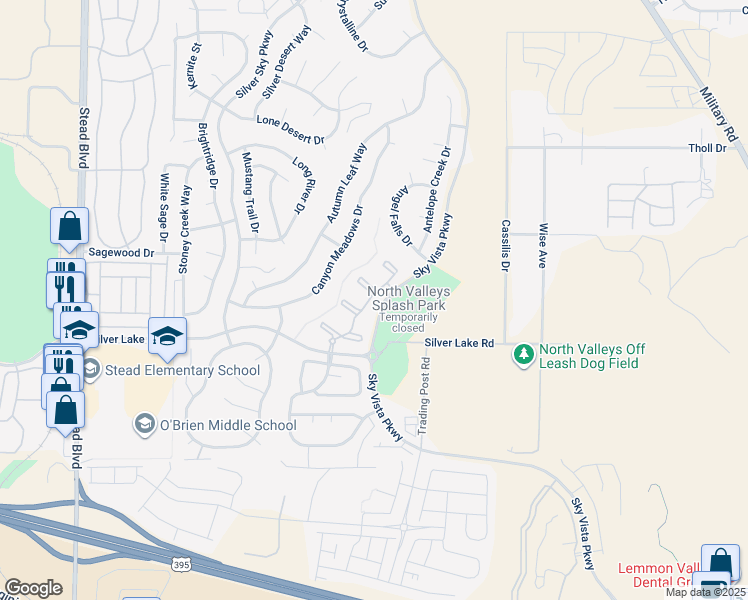 map of restaurants, bars, coffee shops, grocery stores, and more near 15A Sky Vista Parkway in Reno