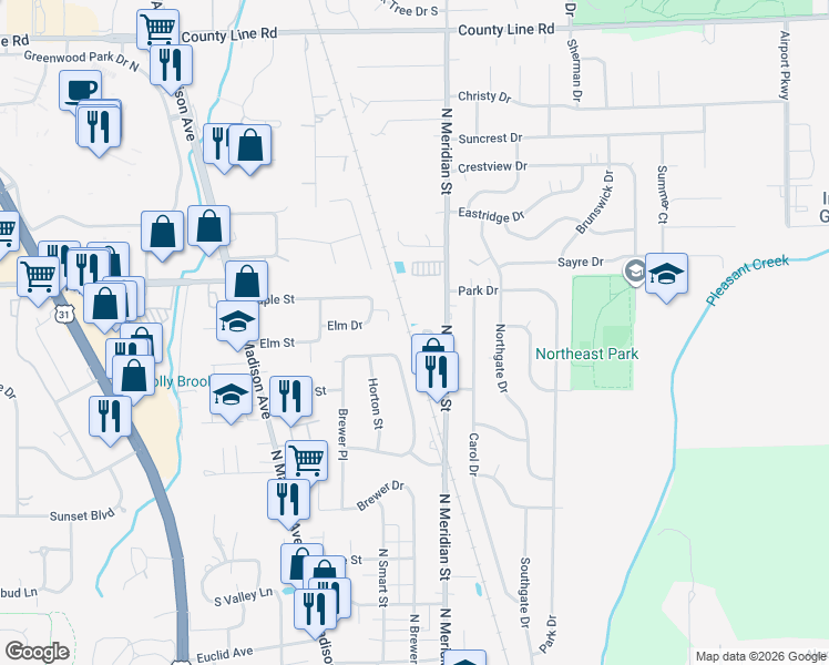 map of restaurants, bars, coffee shops, grocery stores, and more near 88 Keran Manor Court in Greenwood
