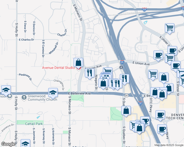 map of restaurants, bars, coffee shops, grocery stores, and more near 4750 South Monaco Street in Denver