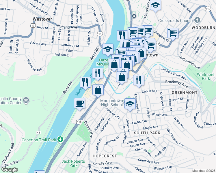 map of restaurants, bars, coffee shops, grocery stores, and more near 966 Don Knotts Boulevard in Morgantown